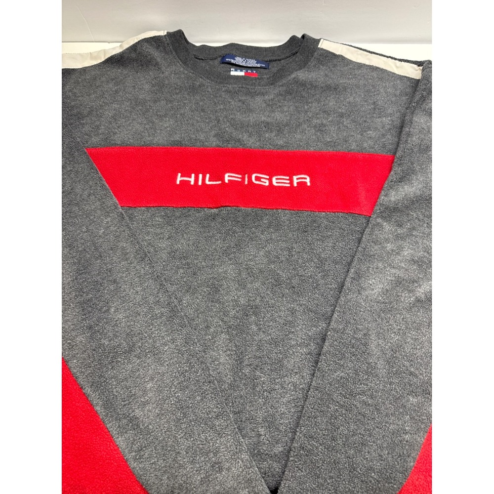 Tommy Hilfiger Vintage Fleece Sweatshirt Mens XXL Grey Red Colorblock Crewneck